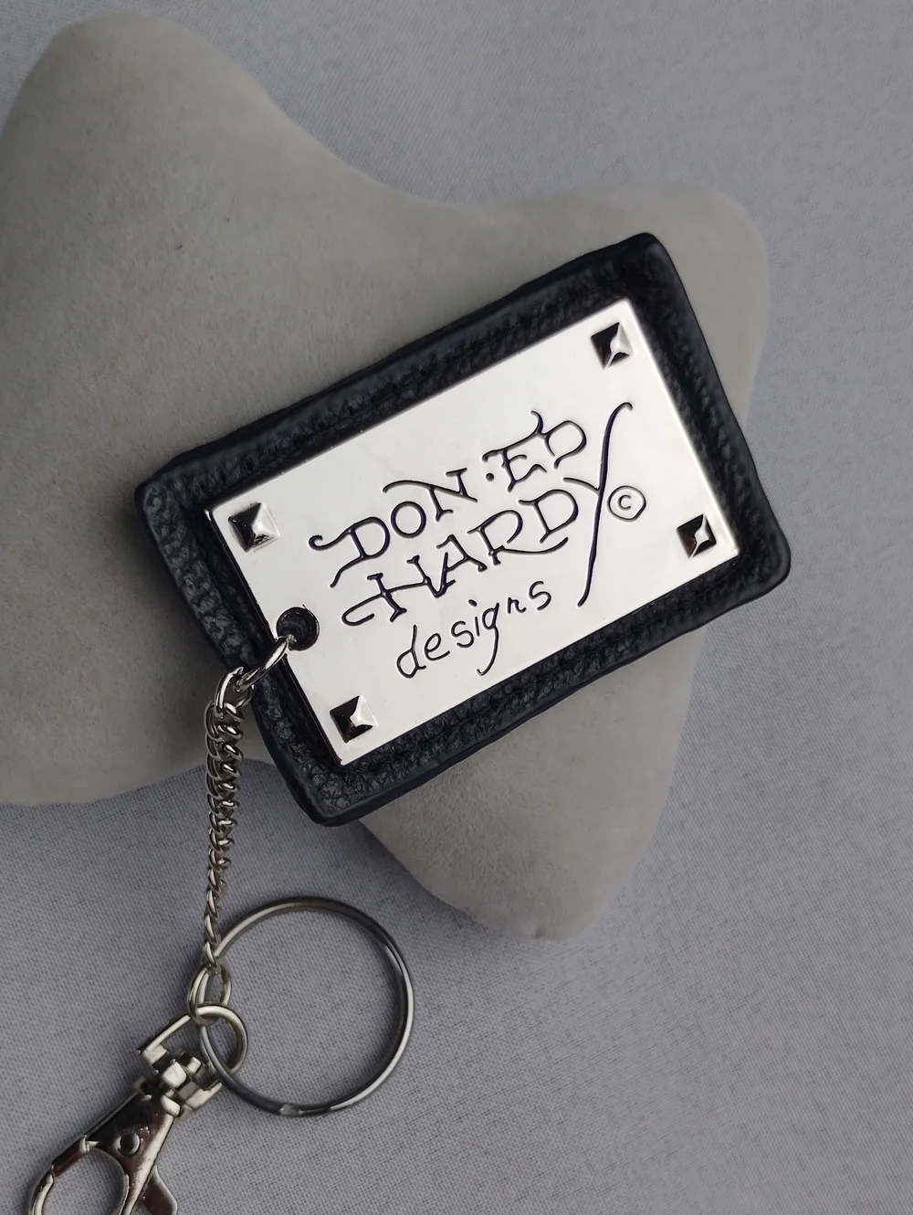 Ed Hardy Black Leather Keychain with Silver Logo Plate